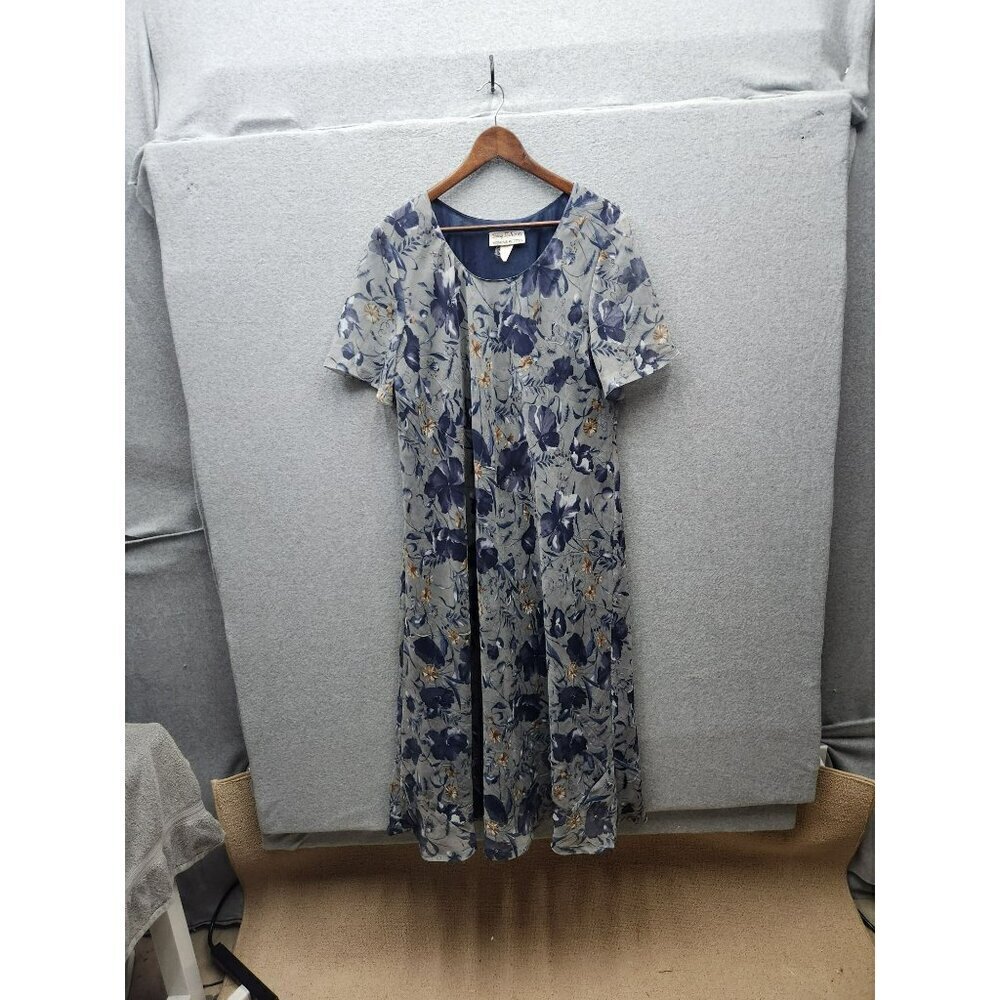 VTG Tracy Richards Womens Petite Floral Dress Blue & Gray Short Sleeve Polyester
